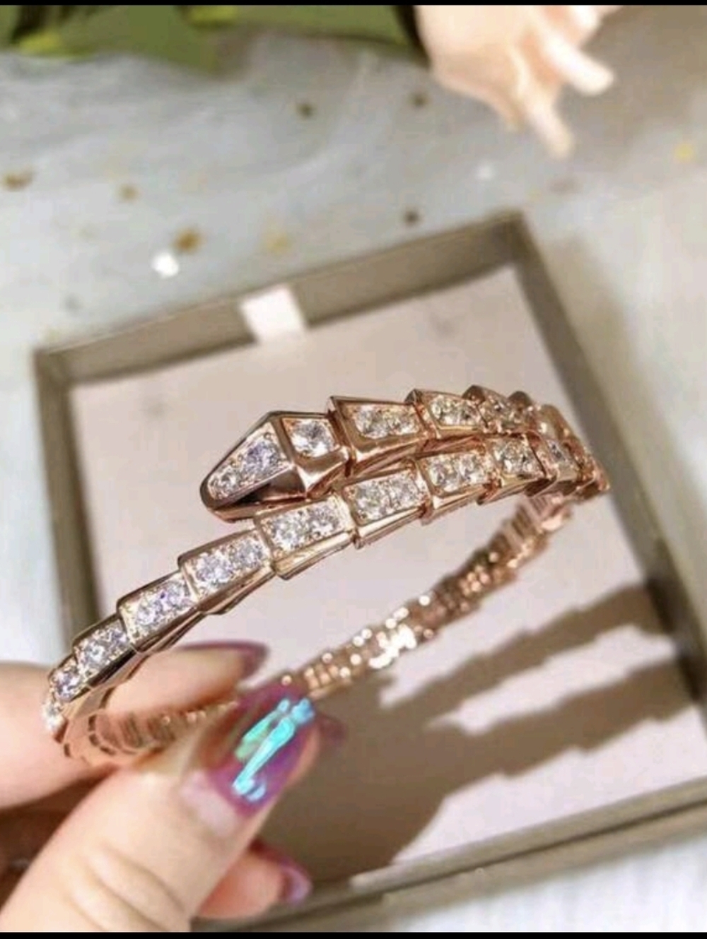 Rose Gold Diamond Snake Bangle Bracelet